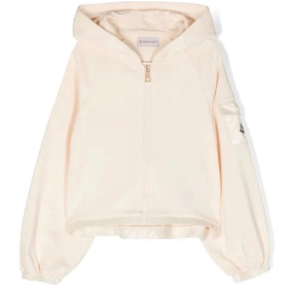 Moncler Enfant Cream Zip-Up Hoodie Logo Sleeve Pocket Sweatshirt jacket sz 6